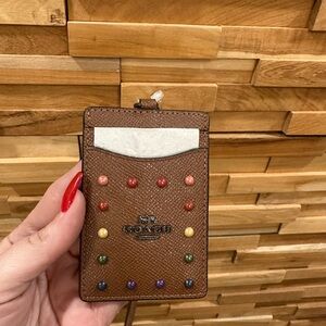 Coach Brown Card Holder with Multicolor Studs